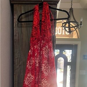 Free People Red Patterned Backless Halter Maxi Dress size Large